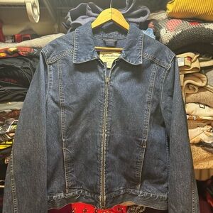Vintage Eddie Bauer Jacket Size Large Medium Wash Denim Zip Up Pockets Classic
